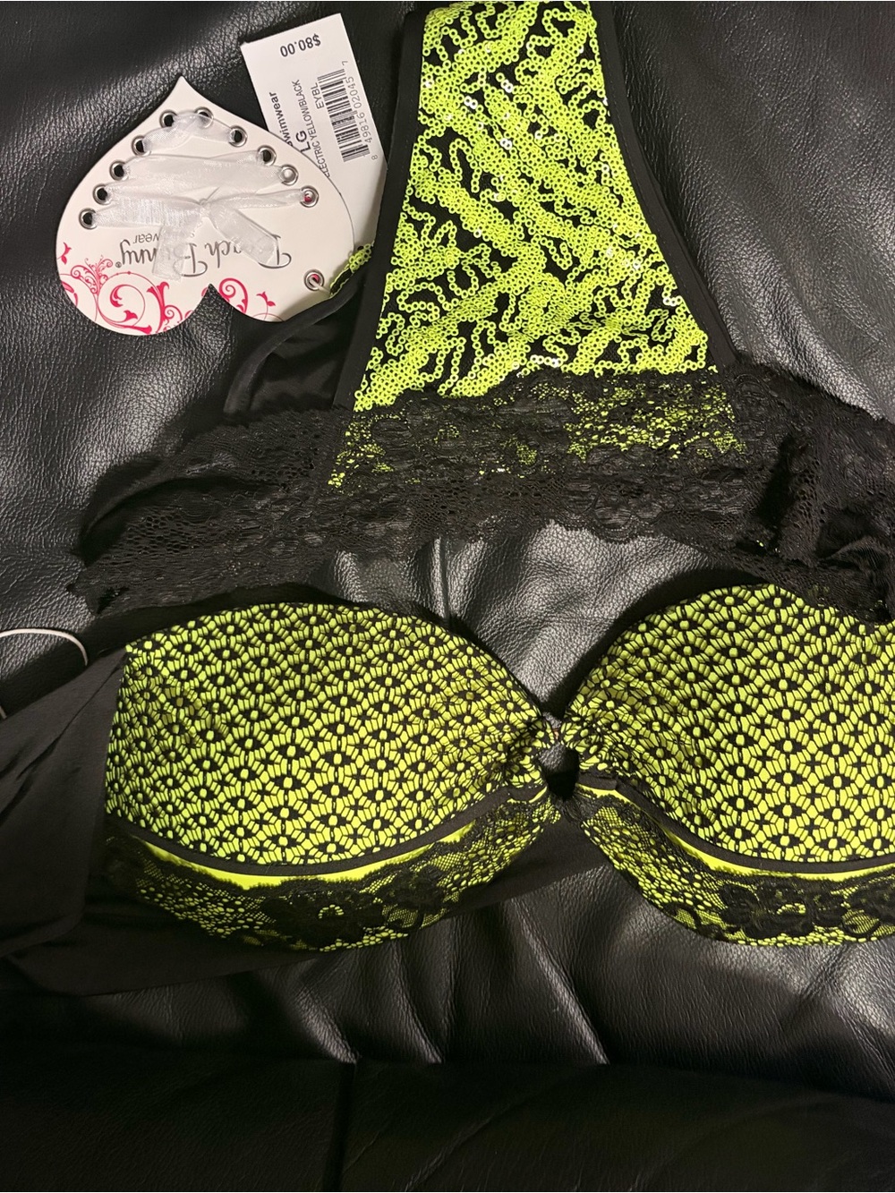 Beach Bunny Neon Yellow & Black Lace Push-Up Bikini Top